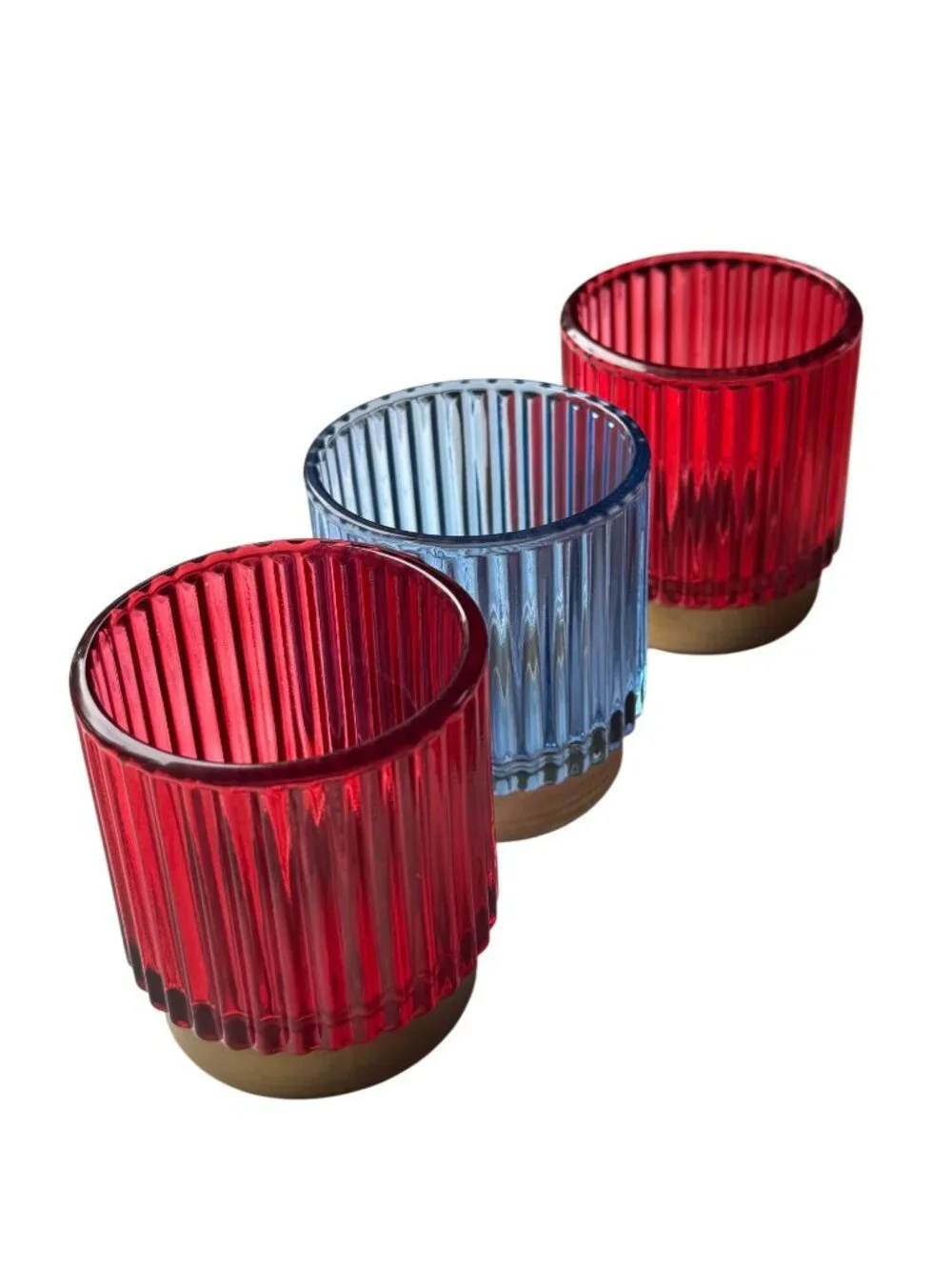 Set Of 3 Ribbed Glass Candle Holders With Gold Bases In Red & Blue